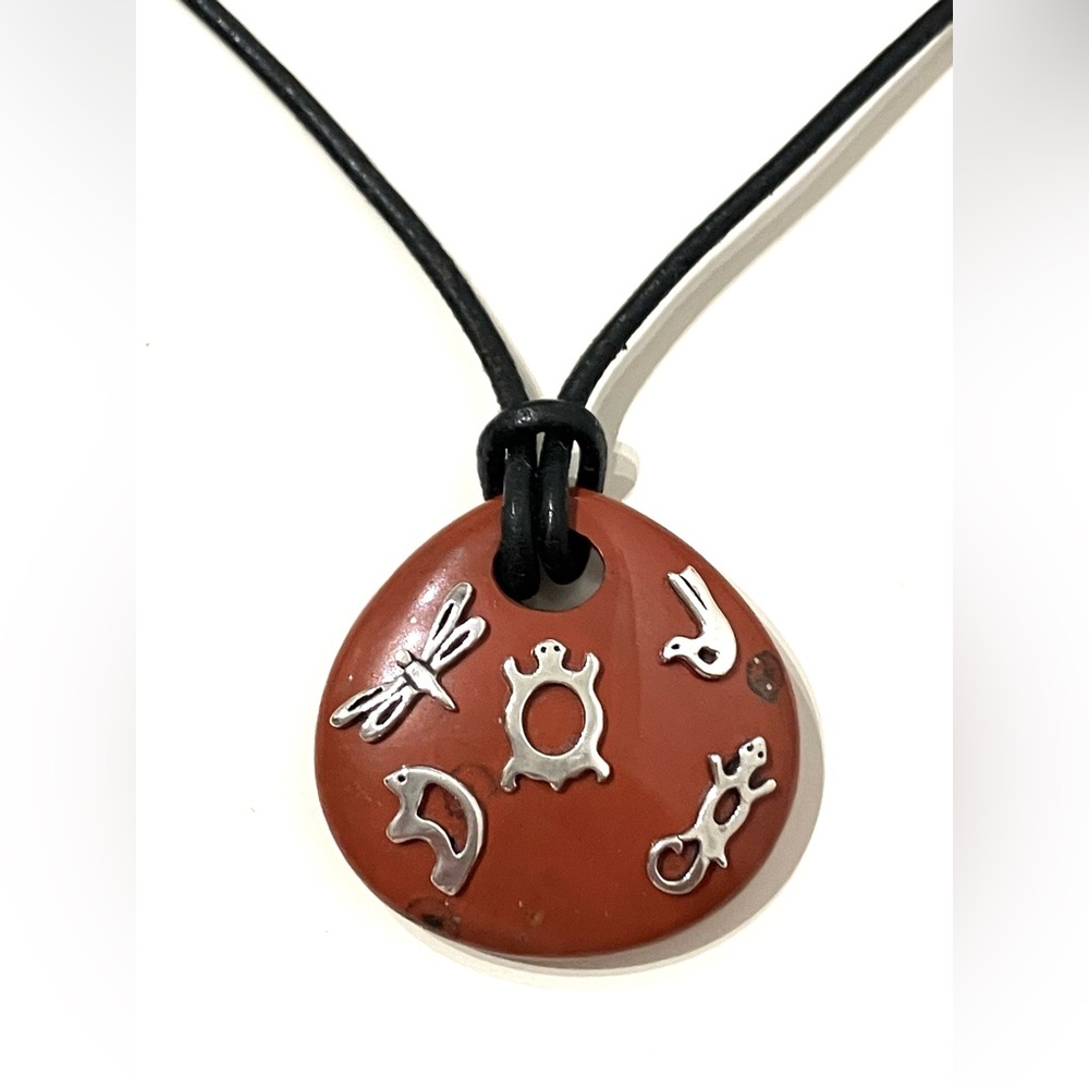 Red Jasper 925 Sterling Animals Pendant Leather Cord Necklace